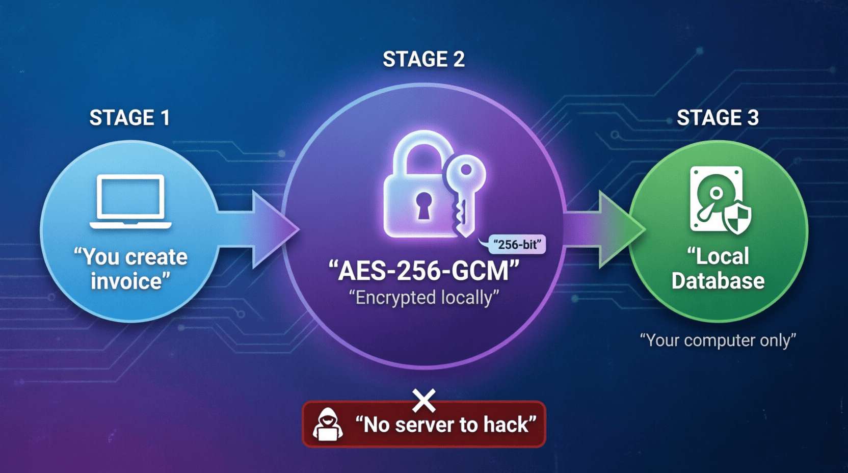 Technical diagram: data flows through AES-256 encryption block to local storage, with crossed-out cloud icon showing no cloud dependency