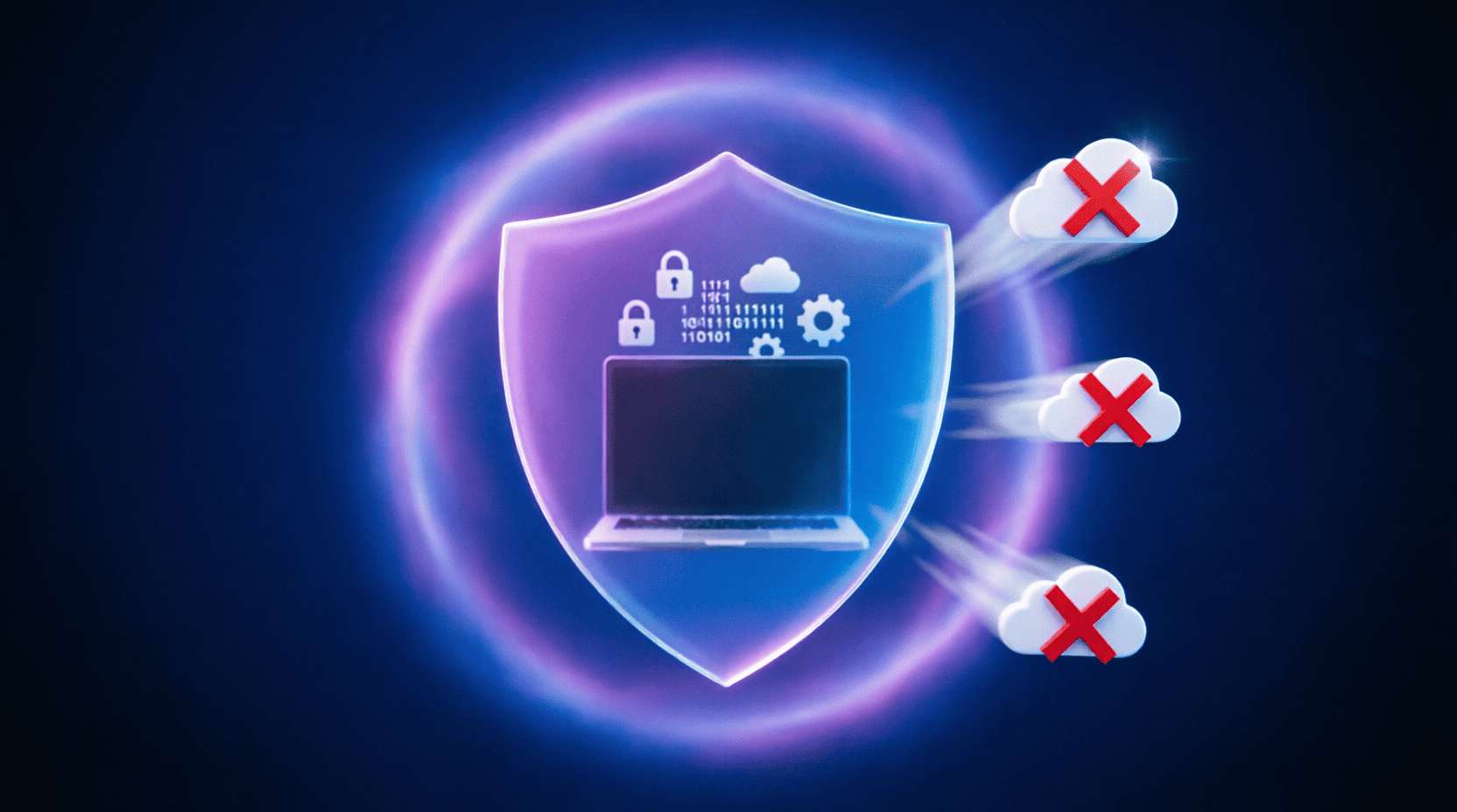 Large shield protecting laptop and data, cloud icons with red X's scattering away, dark blue to purple gradient