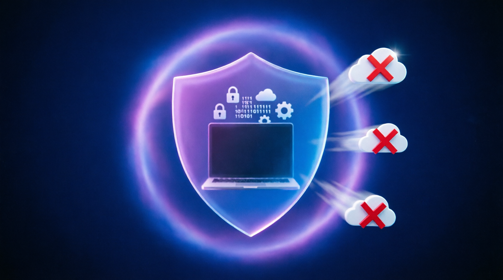 Large shield protecting laptop and data, cloud icons with red X's scattering away, dark blue to purple gradient
