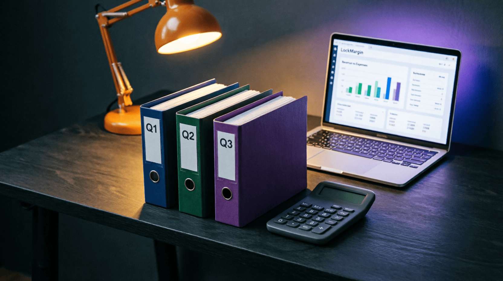 Organized accountant's desk with quarterly folders, calculator, laptop showing invoice software, warm lamp light