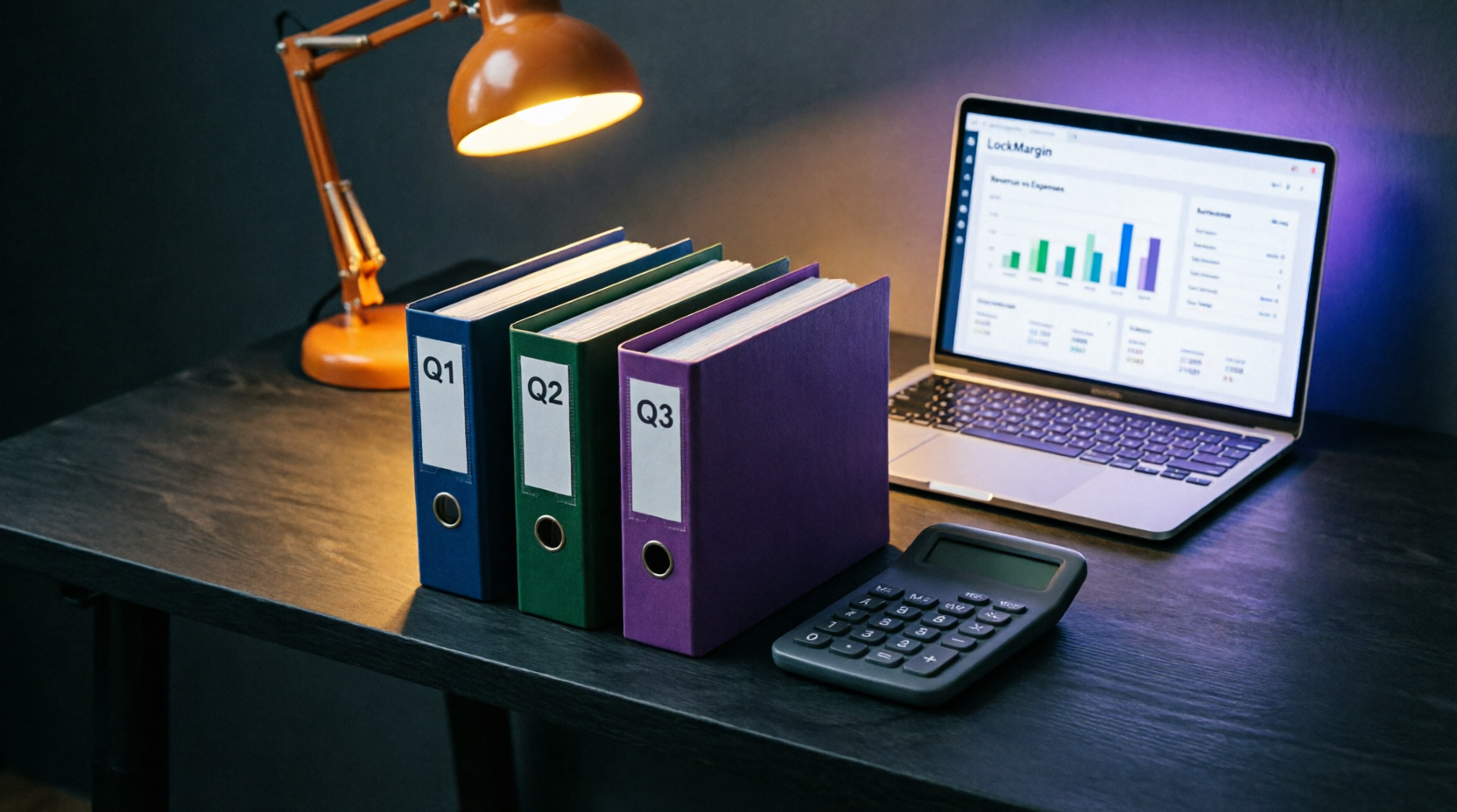 Organized accountant's desk with quarterly folders, calculator, laptop showing invoice software, warm lamp light